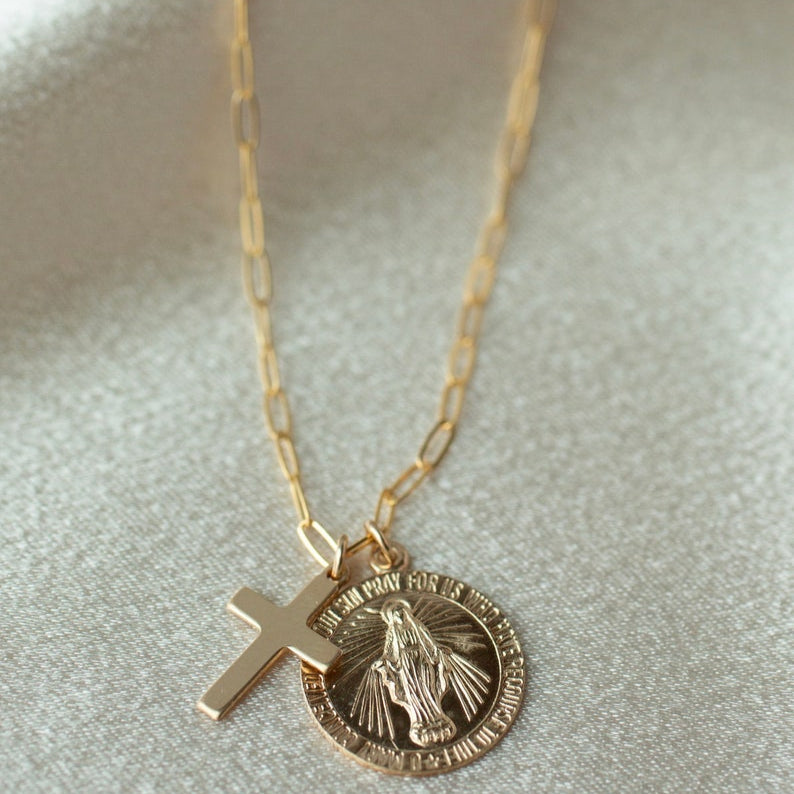 Gold Mary Cross Necklace With Long Chain