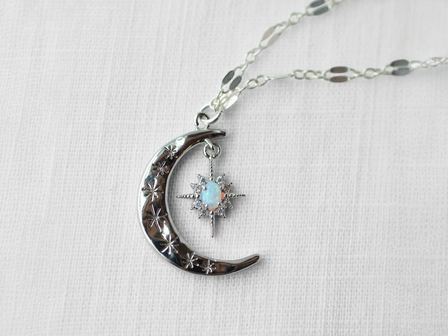 Silver Crescent Lucky Star Necklace
