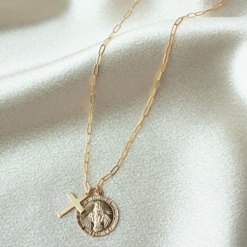 Gold Mary Cross Necklace With Long Chain