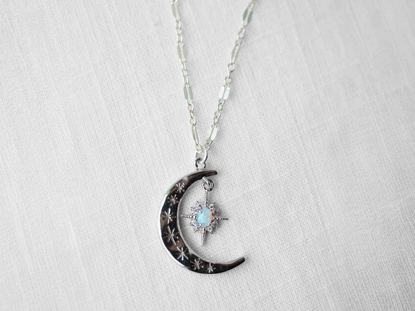Silver Crescent Lucky Star Necklace