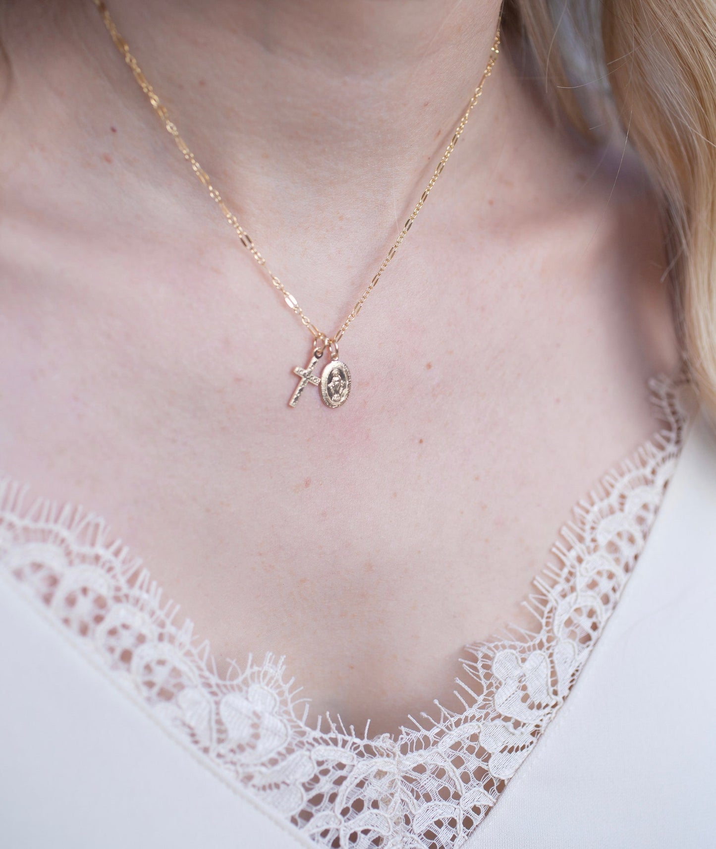 Tiny Virgin Mary Cross Necklace