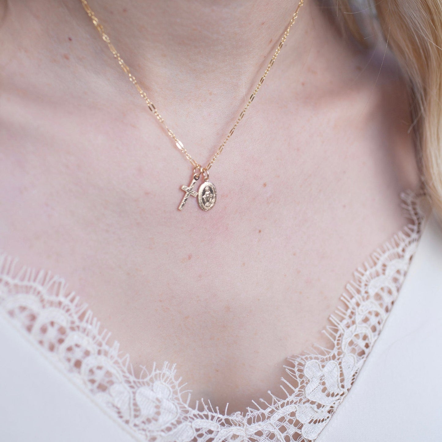 Tiny Virgin Mary Cross Necklace