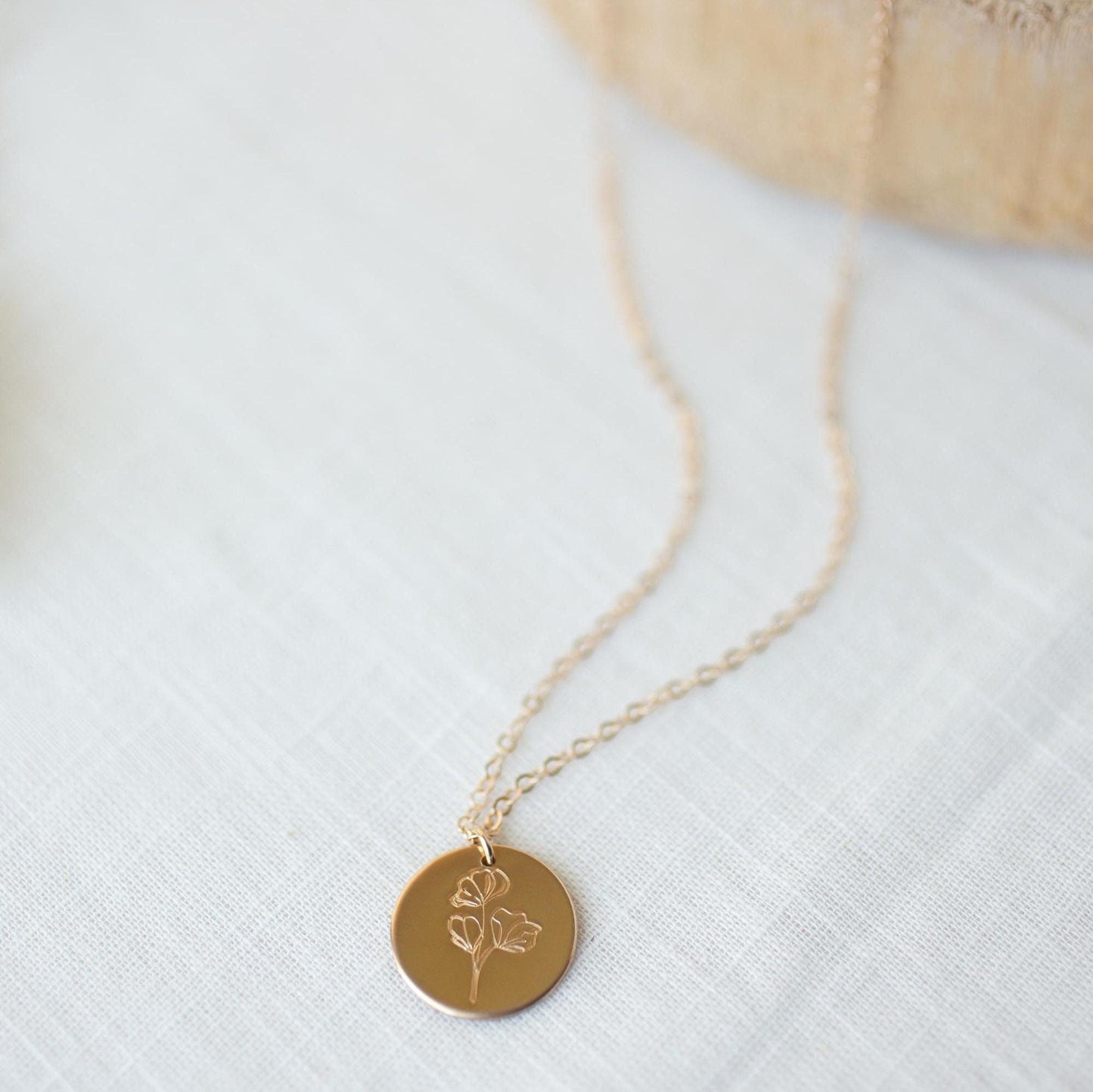 Birth month flower necklace, gold filled birth flower necklace, disc necklace, mom gift, mothers day gift, gift for women, personalized