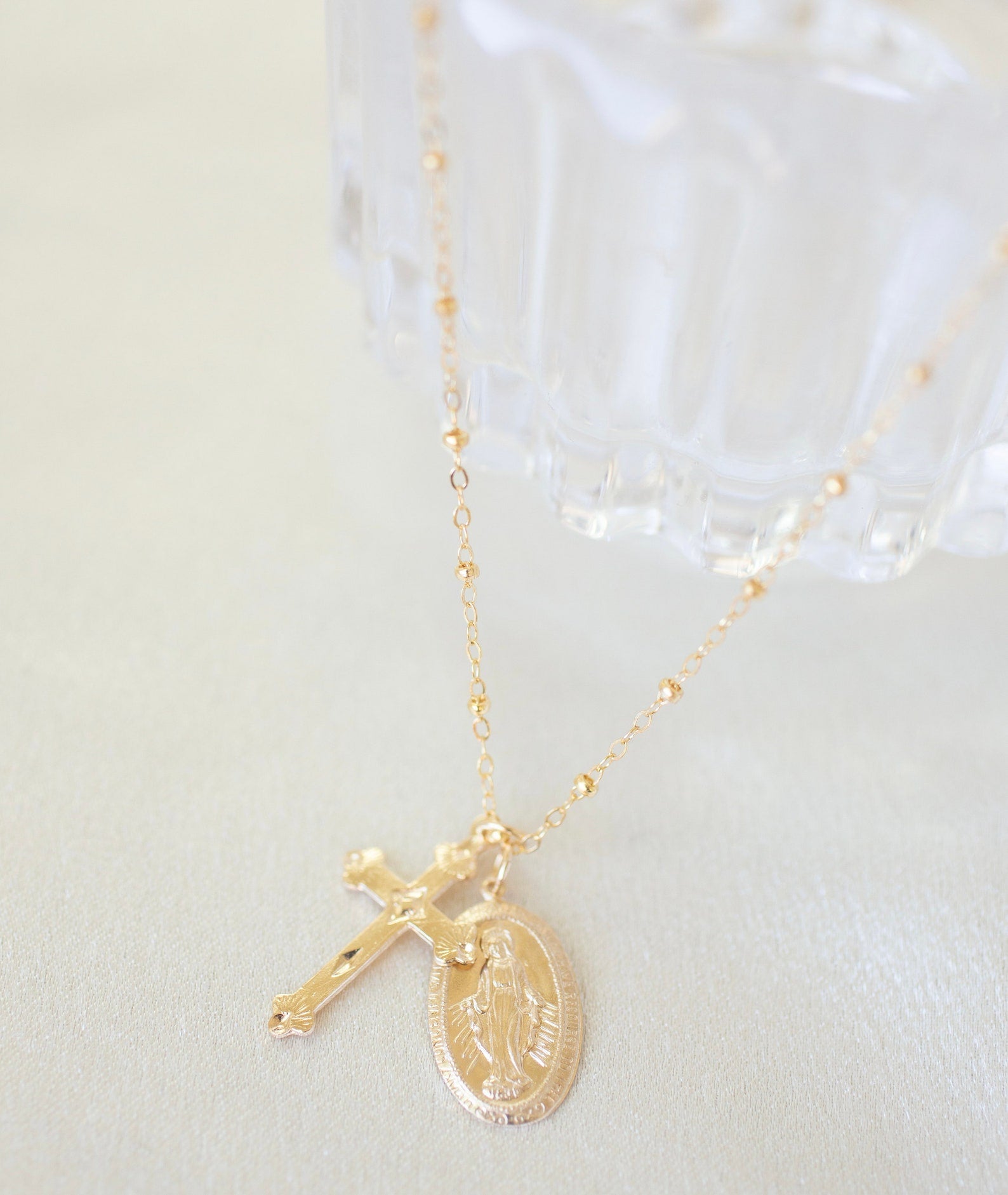 14k Gold Cross Mary Necklace 