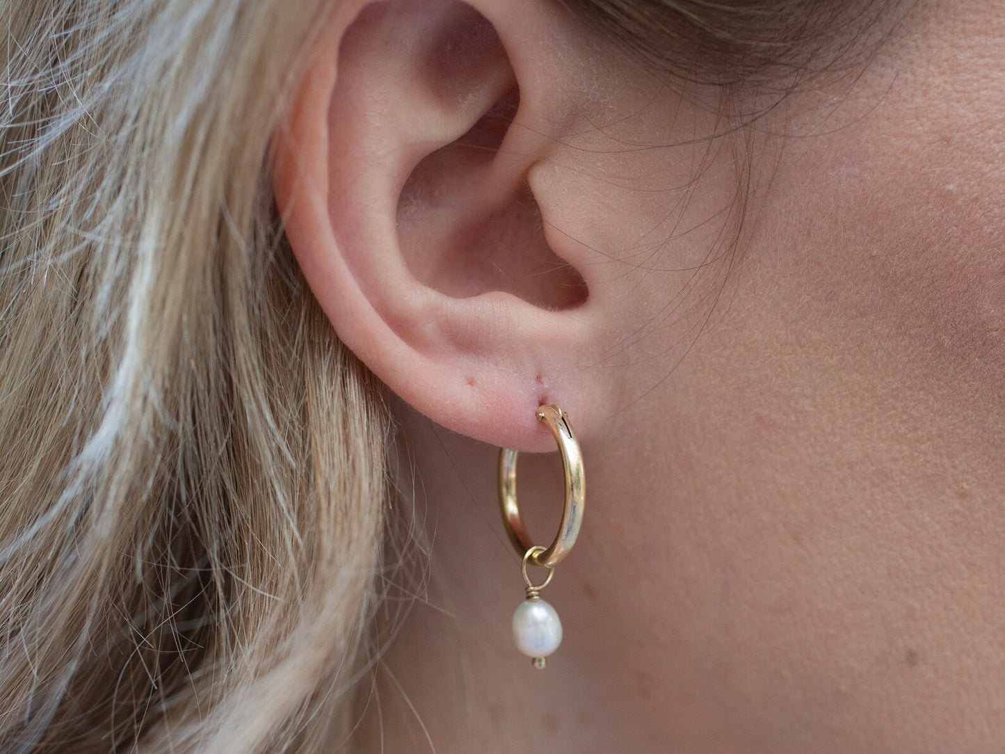 14k Gold Pearl Hoops For Women