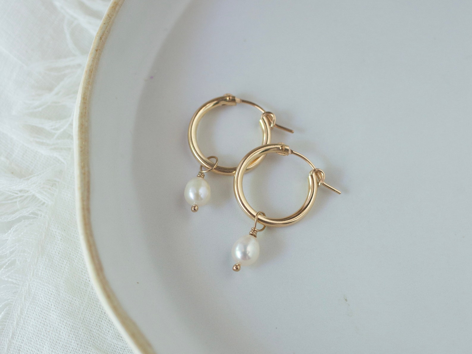 14k Gold Pearl Hoops For Women