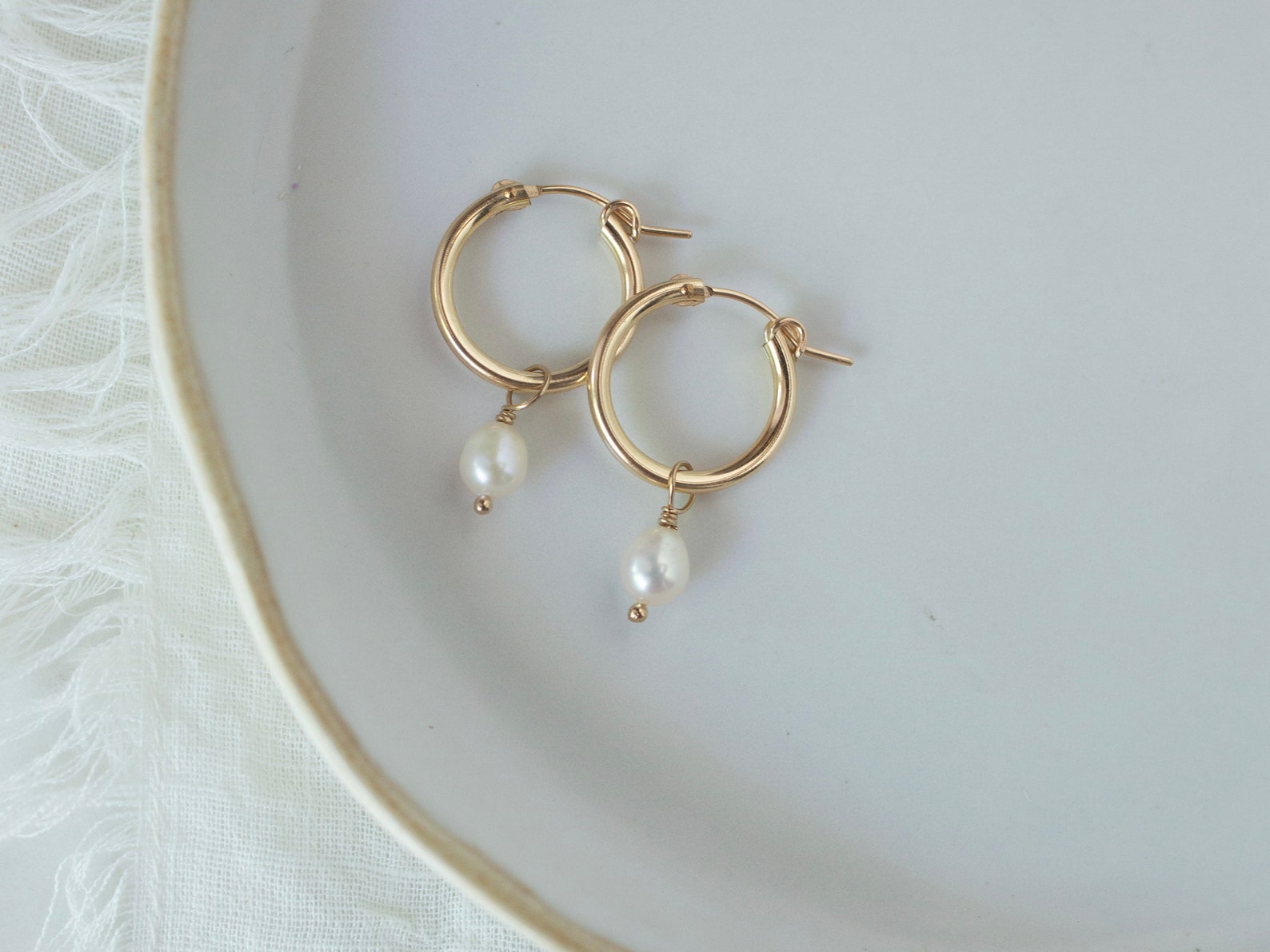 14k Gold Pearl Hoops For Women