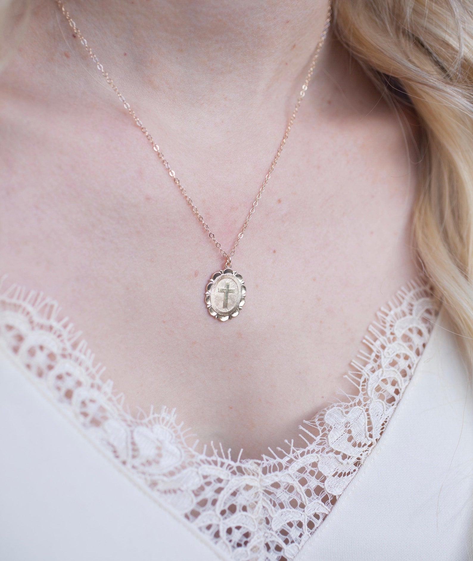 Gold Round Cross Necklace