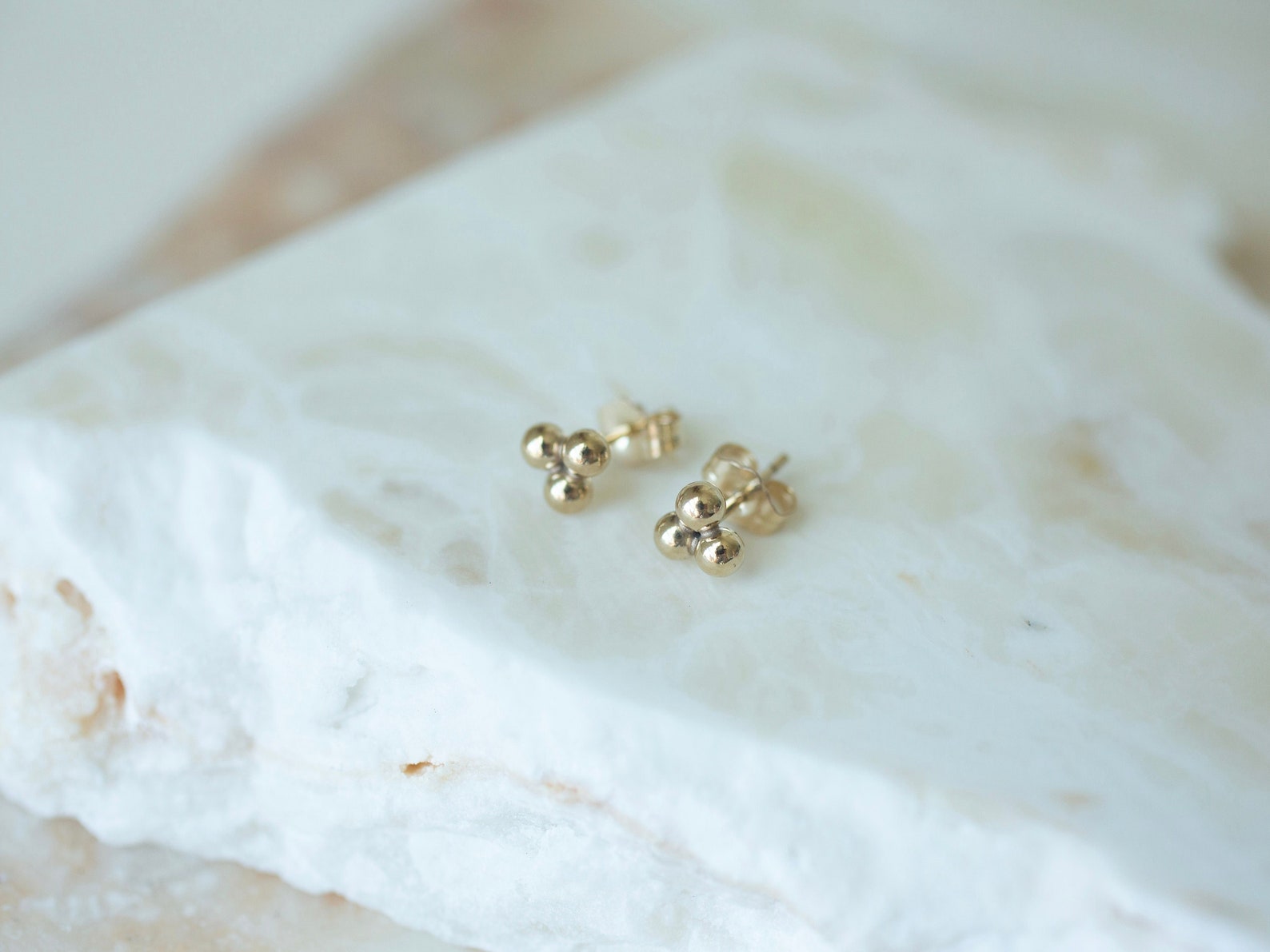 Gold Triple Bead Stud Earrings