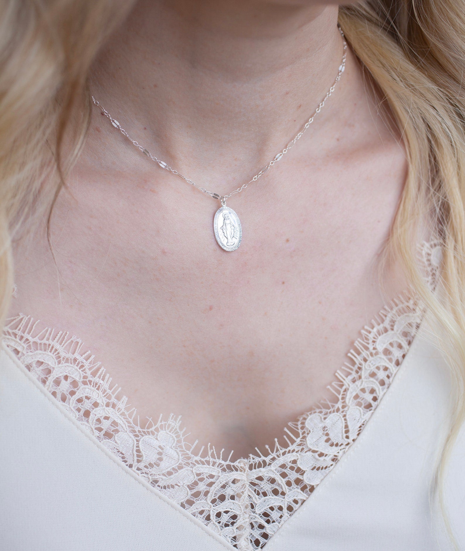 Gold With Silver Oval Mary Necklace