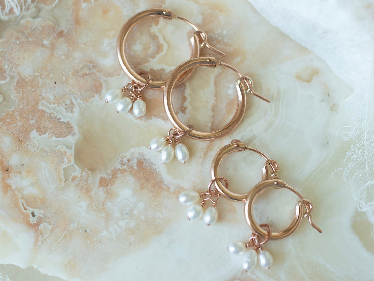 Rose Gold Trinity Pearl Hoops