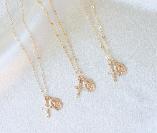 Tiny Virgin Mary Cross Necklace